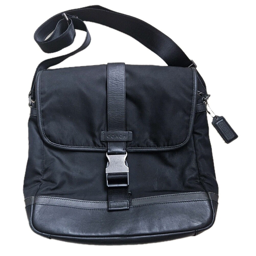 Vintage Coach Black Nylon & Leather Trim Messenger Bag